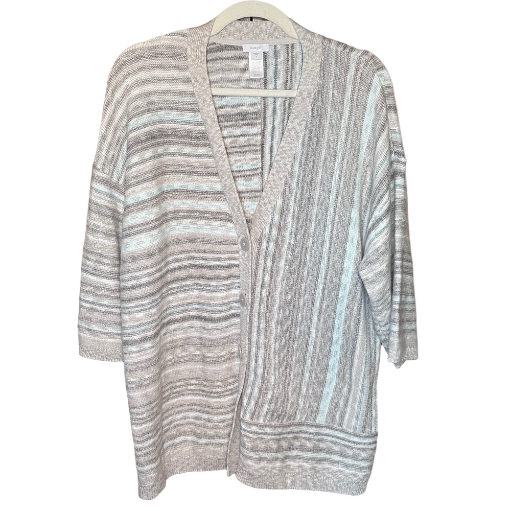 Pure Jill Striped Cardigan in Gray and White and Light Blue Size Small